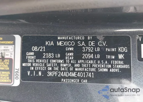 2021 Kia Forte Fe из США, поврежденный, VIN 3KPF24AD4ME401741